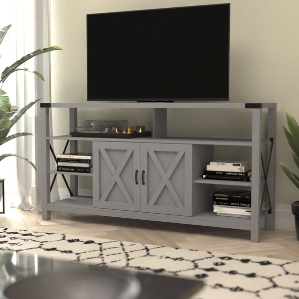 Gray Farmhouse TV Stand: X-Motif Doors, Industrial Metal Corner Accents