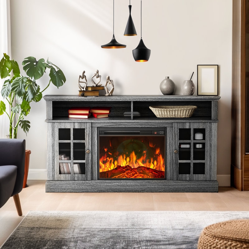 Gray Fireplace TV Stand Weathered Finish with Mullion Glass Doors