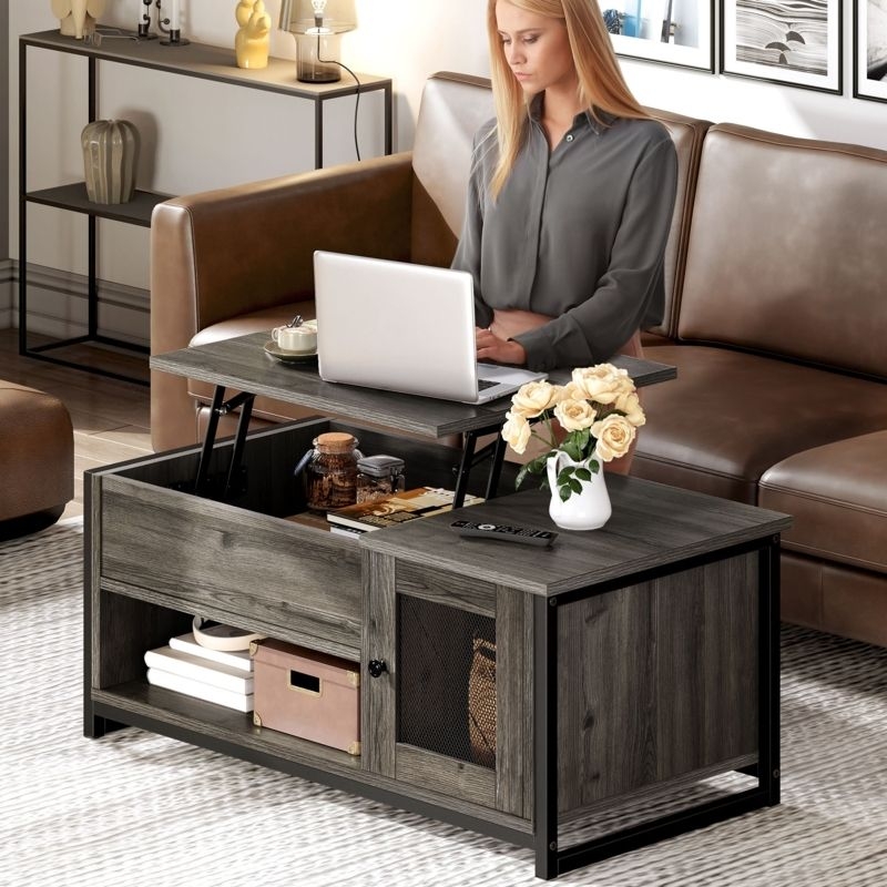 Gray Industrial Coffee Table with Lift Top, Mesh Door Cabinet & Storage