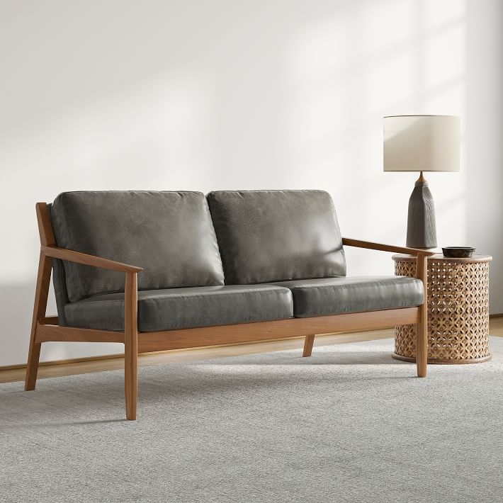 Gray Leather Loveseat, Exposed Wood Frame Tapered Legs