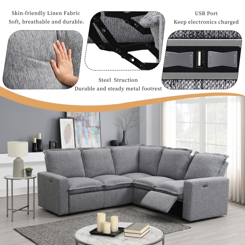 Gray Linen-Like Reclining Sectional Sofa with Integrated USB Port