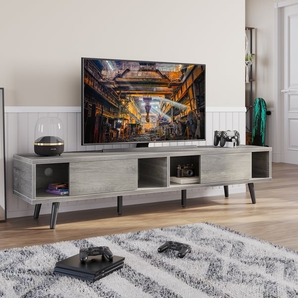 Gray Mid-Century TV Stand with Sliding Doors and Six Tapered Legs