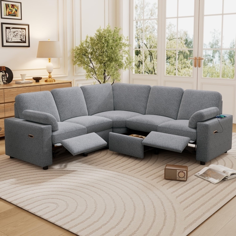 Gray Power Recliner Sectional Sofa with Storage Drawers and USB Ports