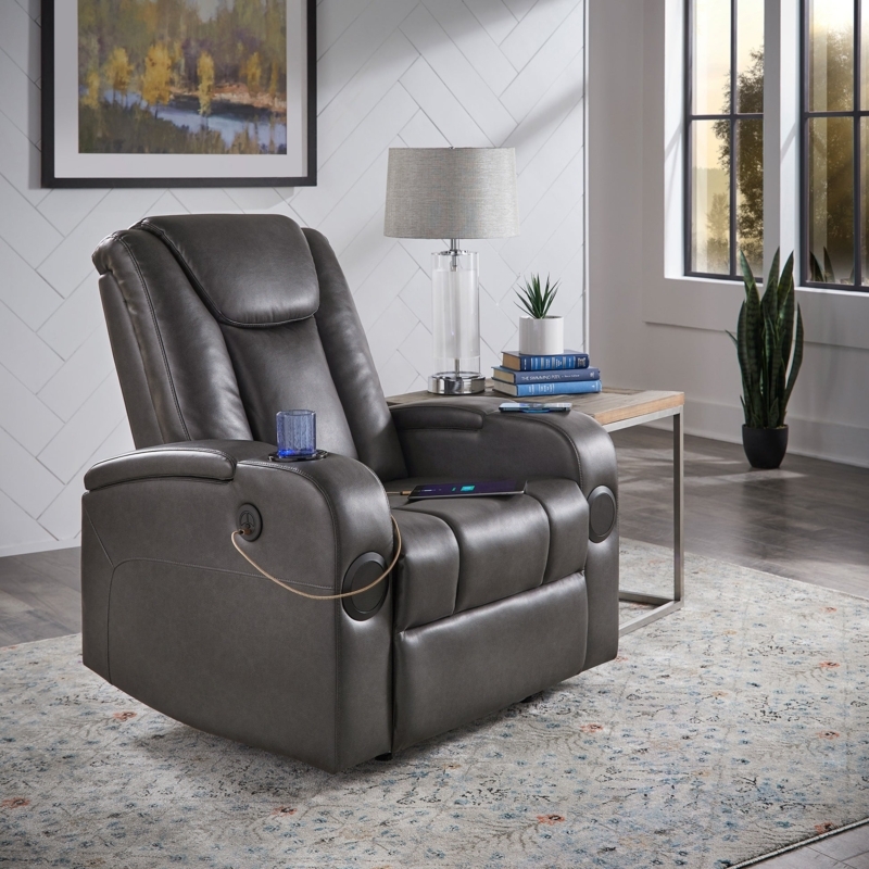 Gray Power Recliner with Wireless Charging Pad, Vegan Leather Speakers.