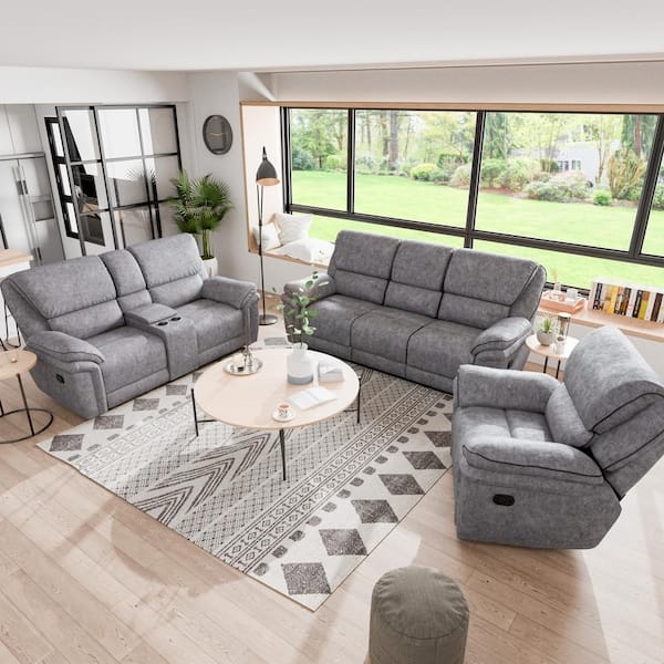 Gray Reclining Sofa Set Manual Motion Console Loveseat