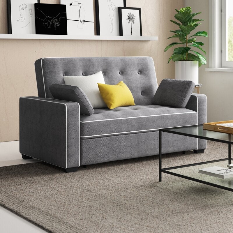 Gray Sleeper Sofa with Button Tufting and Contrast Piping