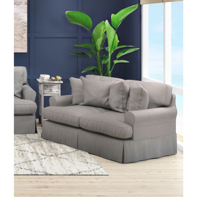 Gray Slipcovered Loveseat featuring T-Cushion Seating and Recessed Arms