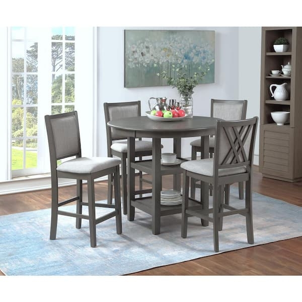 Gray Transitional Dining Set Round Table Integrated Shelf X Back Chairs