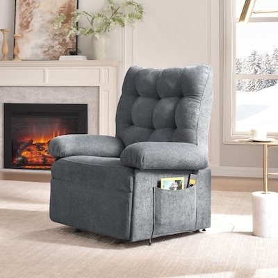 Gray Tufted Recliner Chair with Biscuit Back and Side Storage Pocket.