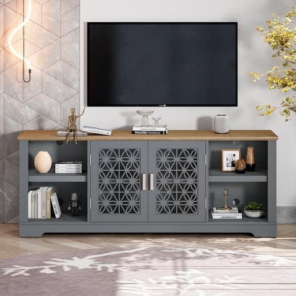 Gray TV Stand with Latticework Doors and Star Pattern