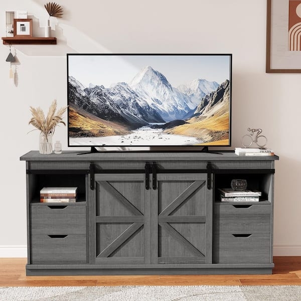 Gray TV Stand with Sliding Barn Doors X-Brace Design and Four Drawers