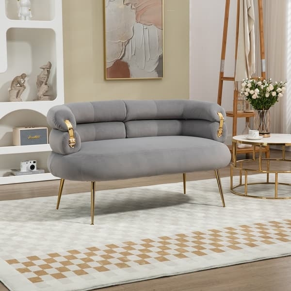 Gray Velvet Curved Loveseat with Gold Legs and Buckle Details