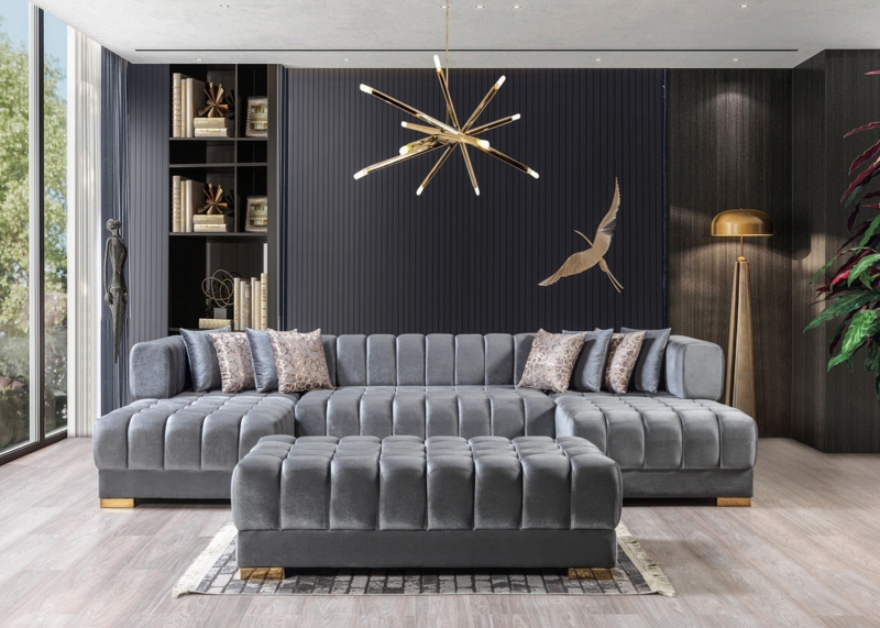 Gray Velvet Double Chaise Sectional with Channel Tufting