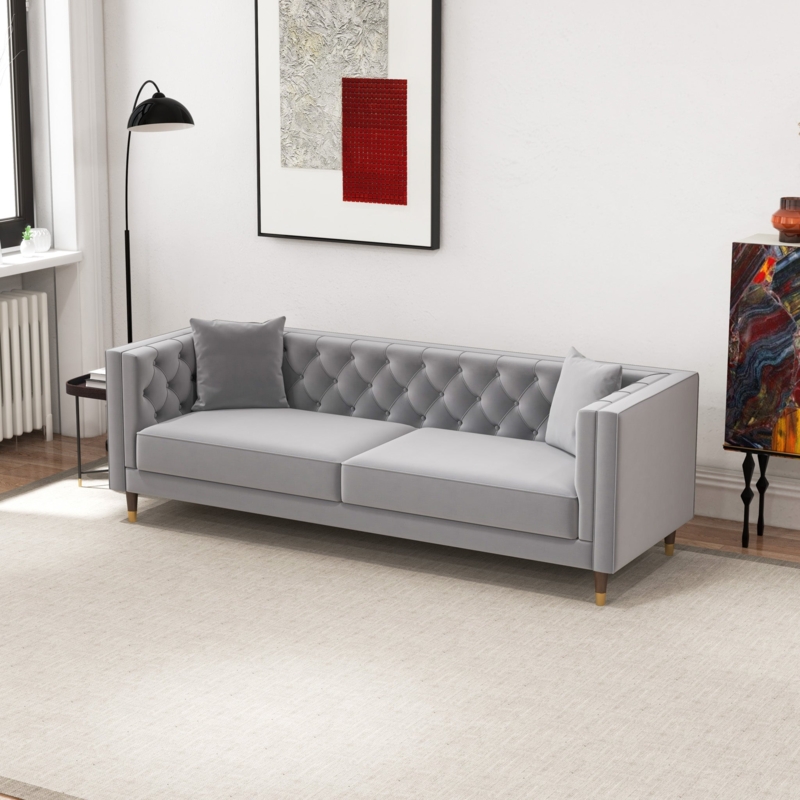 Gray Velvet Sofa with Button Tufted Back and Tapered Legs