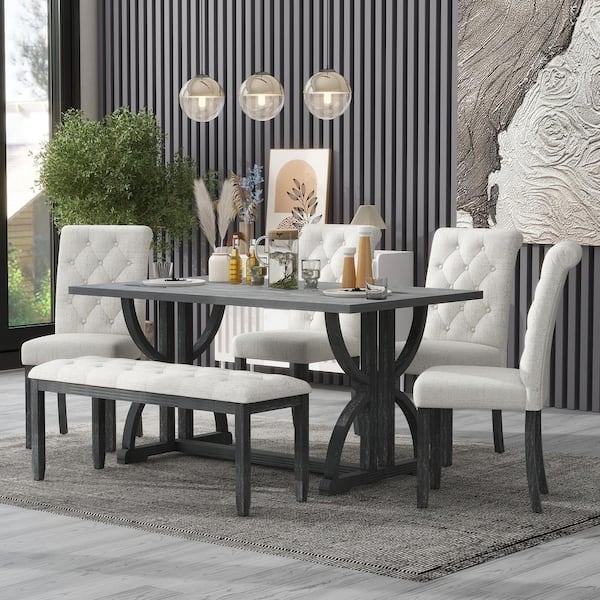 Gray Wash Dining Set with Trestle Table and Upholstered Bench