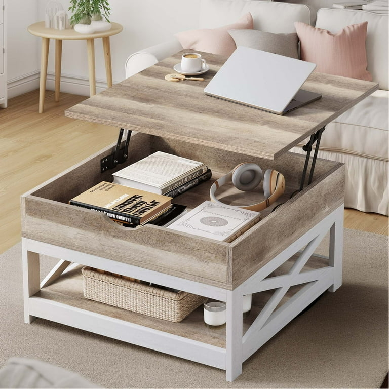 Gray Wash Lift Top Coffee Table featuring White X-Brace Base and Shelf