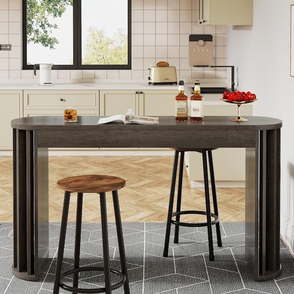 Gray Wood Bar Table: Slatted Base, Curved Ends & Matte Finish