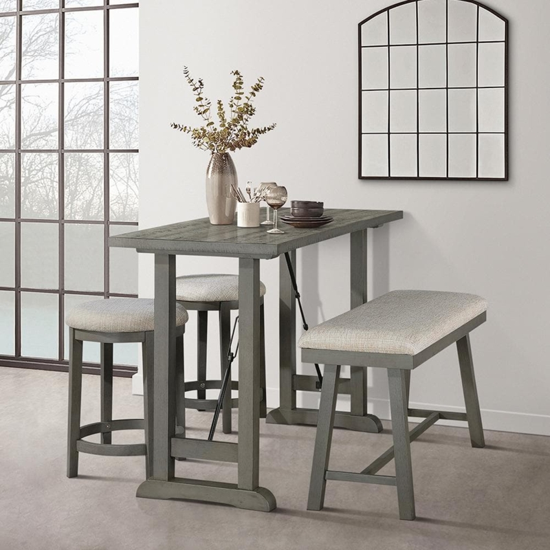 Gray Wood Dining Set Trestle Base Bench and Stools Metal Rod Accents