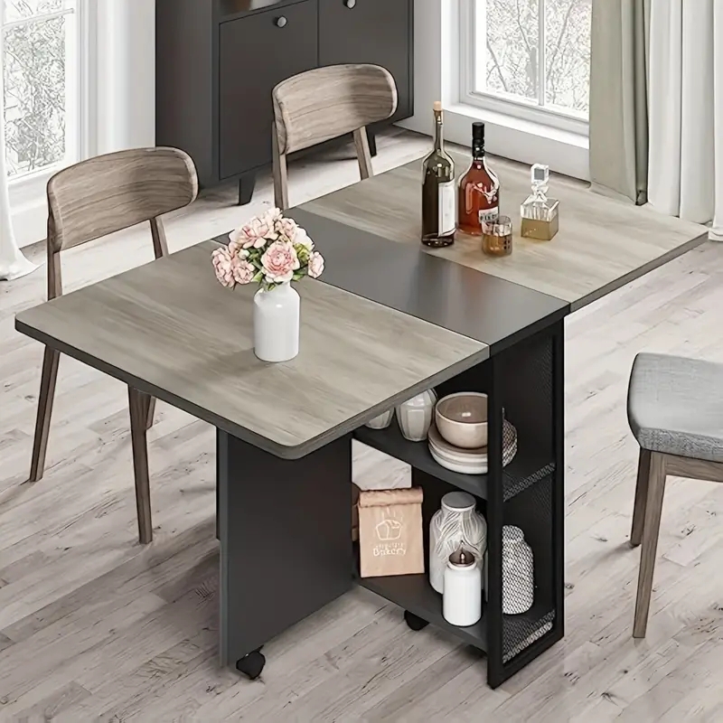 Gray Wood Drop Leaf Dining Table with Built-in Shelving