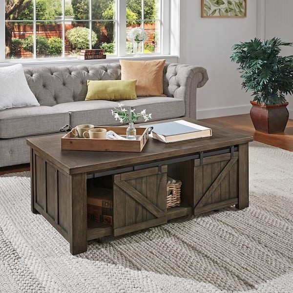 Grey Barn Door Coffee Table with Sliding Doors and X-Brace Detail