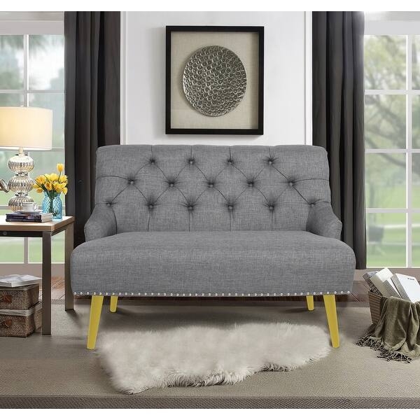 Grey Button-Tufted Armless Loveseat with Yellow Legs