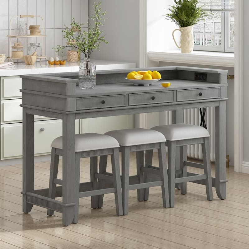 Grey Console Dining Set Built-in Outlets Three Storage Drawers