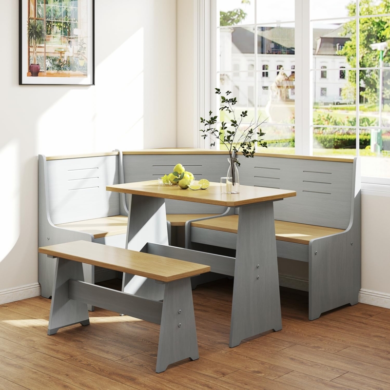 Grey Corner Breakfast Nook with Two-Tone Finish and Slotted Backrest