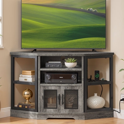 Grey Corner TV Stand Mesh Doors Industrial Rustic