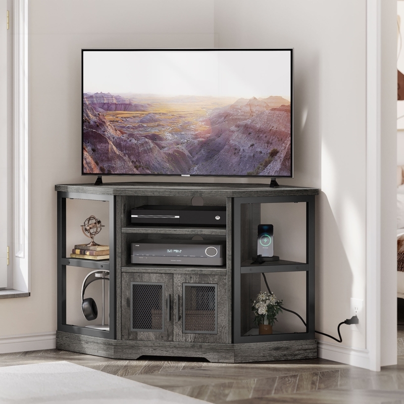 Grey Corner TV Stand with Industrial Mesh Doors and Open Shelving