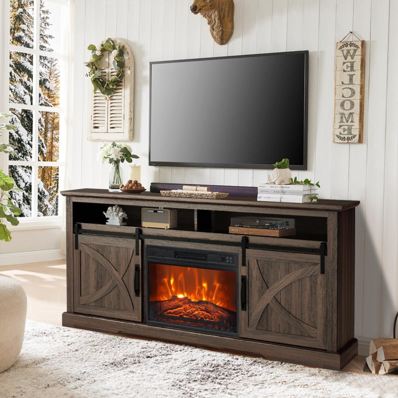 Grey Farmhouse Fireplace TV Stand Sliding Barn Doors Weathered Finish