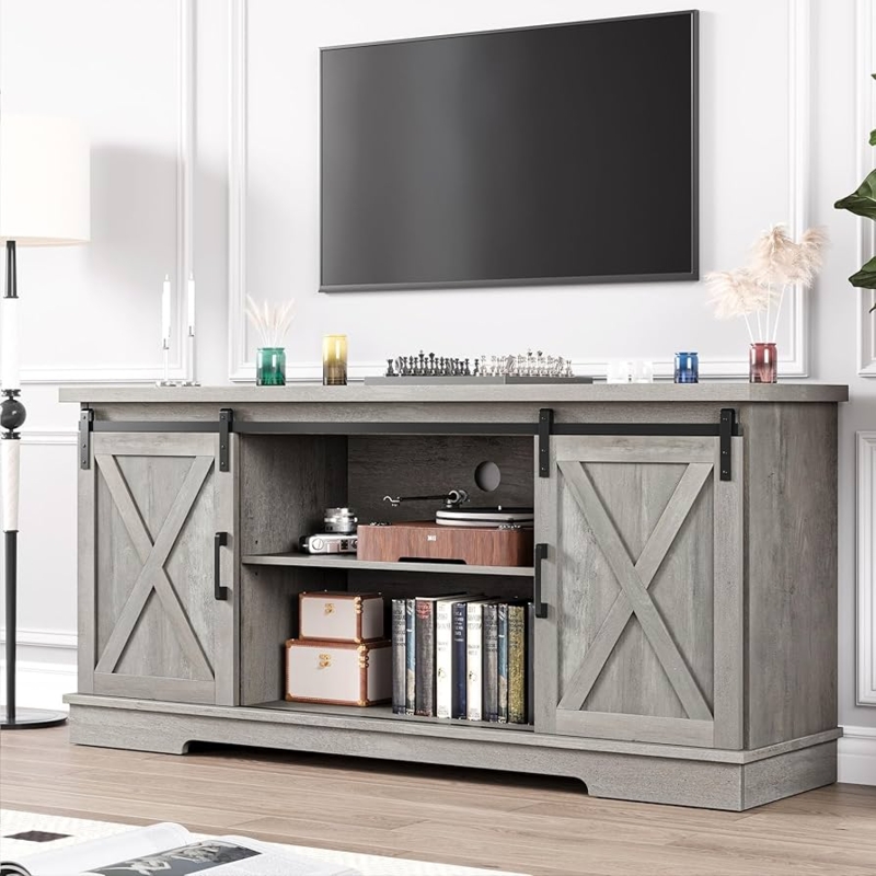Grey Farmhouse TV Stand Sliding Barn Doors Weathered Finish Media Cabinet