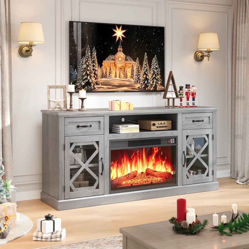 Grey Fireplace TV Stand Weathered Wood Look X-Frame Glass Doors