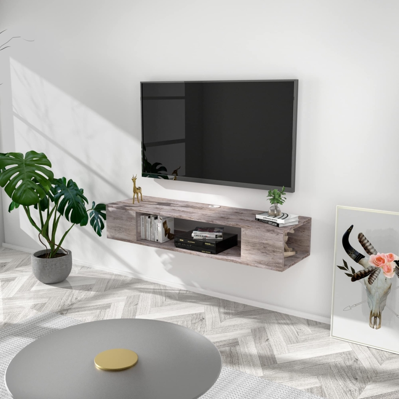 Grey Floating Media Console Matte Finish Open Shelving Space Saving