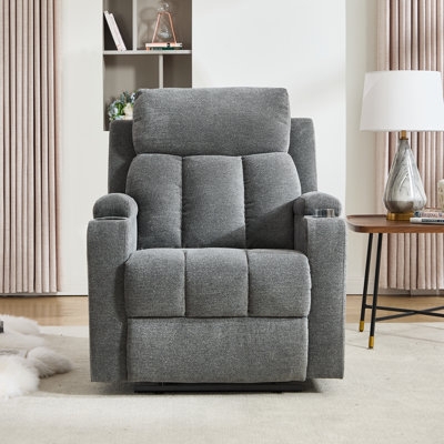 Grey Heathered Fabric Manual Recliner with Integrated Cup Holder