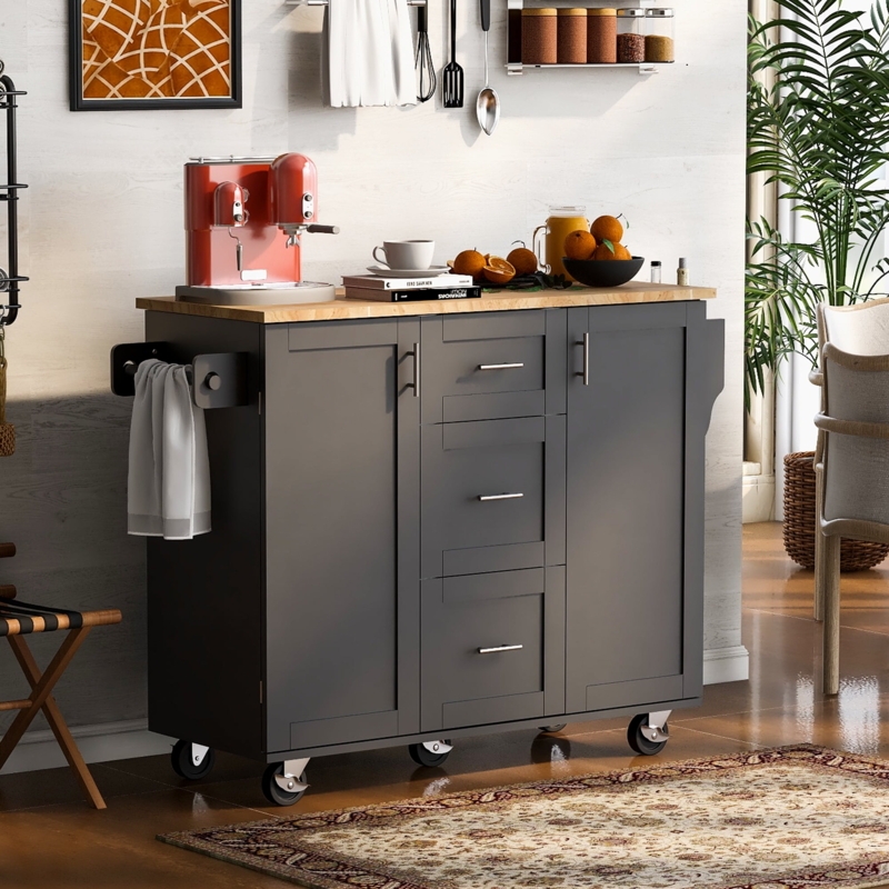 Grey Kitchen Cart with Wood Top, Mobile Island with Towel Rack