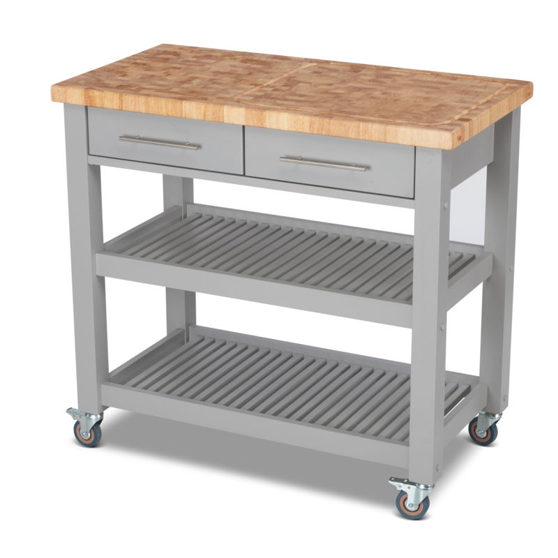 Grey Kitchen Prep Cart with Butcher Block Top and Dual Drawers