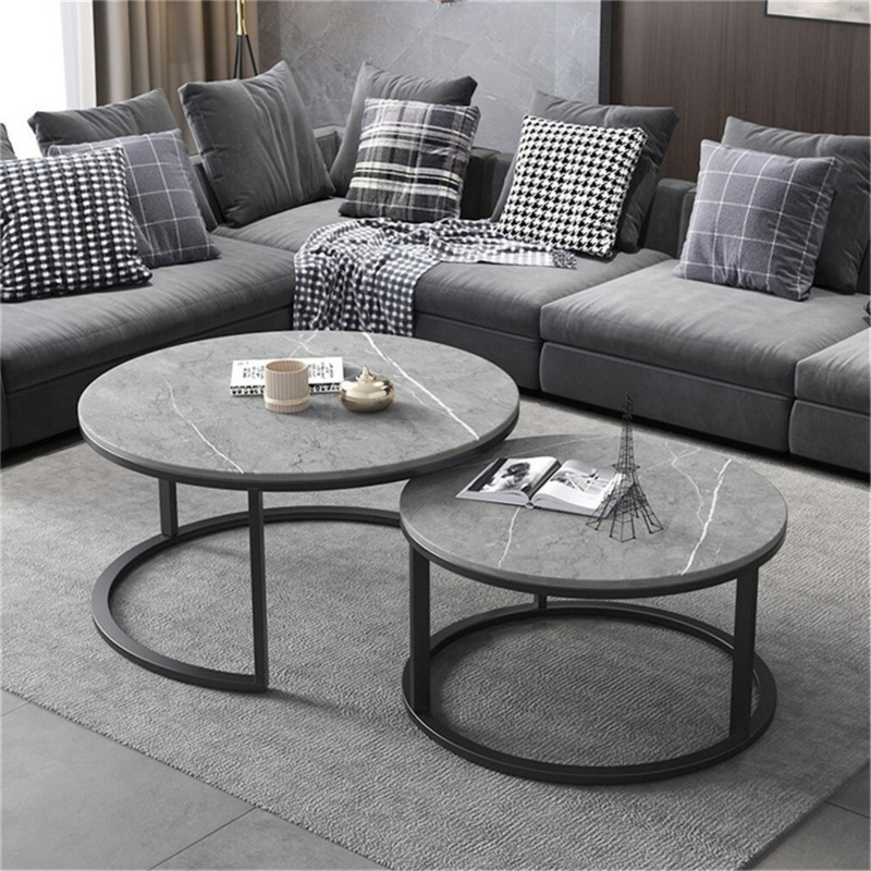 Grey Marble Top Nesting Coffee Table Set with Black Metal Base