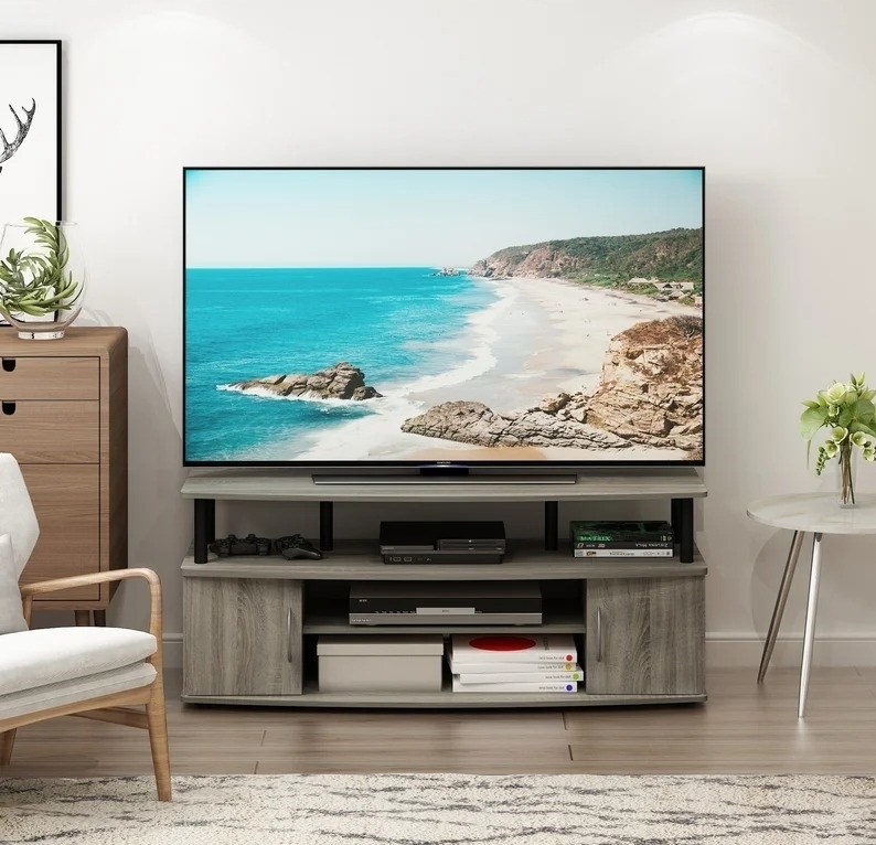 Grey Media Console featuring a Split Top Design and Mixed Storage