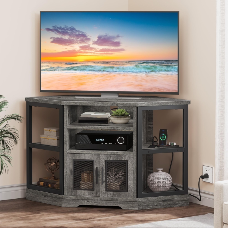Grey Oak Corner TV Stand with Metal Mesh Inserts and Hexagonal Shape