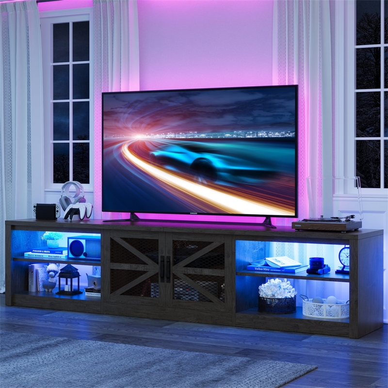 Grey Oak Farmhouse TV Stand Mesh X-Brace Doors LED