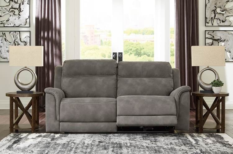Grey Power Reclining Sofa with Adjustable Headrests, Flared Arms