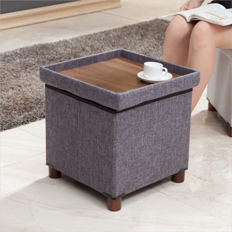 Grey Square Cube Storage Ottoman Tray Top Wood Legs