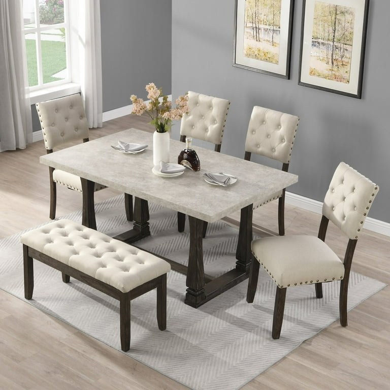 Grey Stone Look Dining Set Tufted Cream Chairs Farmhouse Style