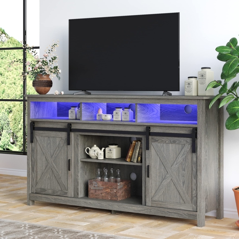 Grey TV Stand Sliding Barn Doors Blue LED Lighting Entertainment Center