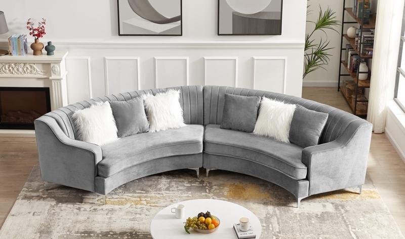 Grey Velvet Curved Sofa Vertical Channel Tufted Silver Legs