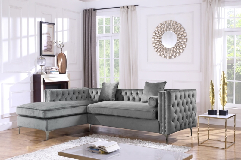 Grey Velvet L-Shaped Sectional featuring Silver Nailhead Trim