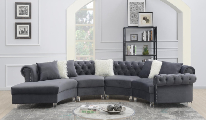 Grey Velvet L-Shaped Sectional Sofa Vertical Channel Tufted Low Feet
