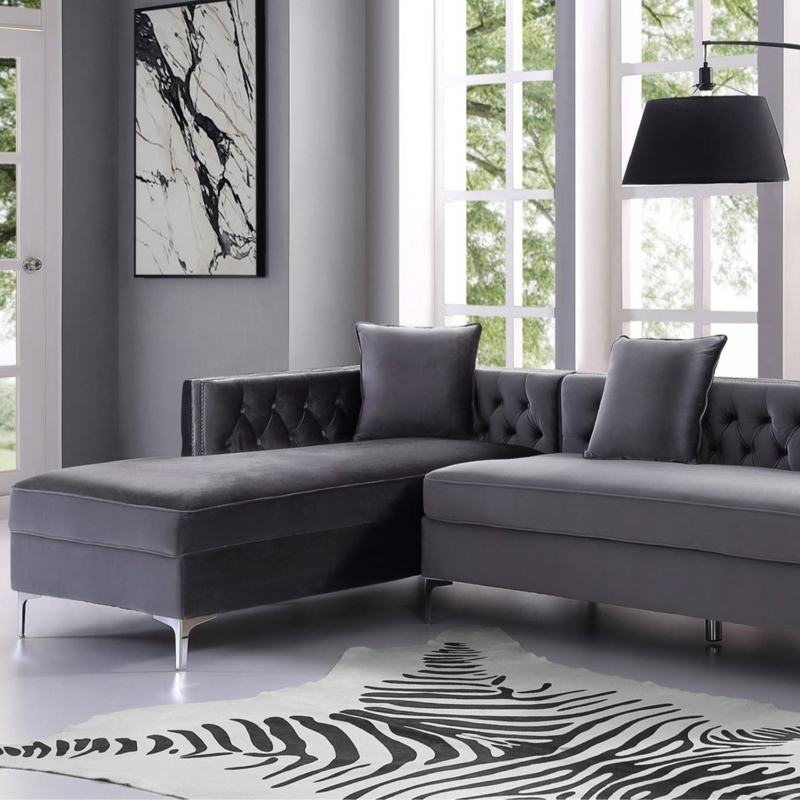 Grey Velvet Left-Facing Chaise Sectional with Diamond Tufting