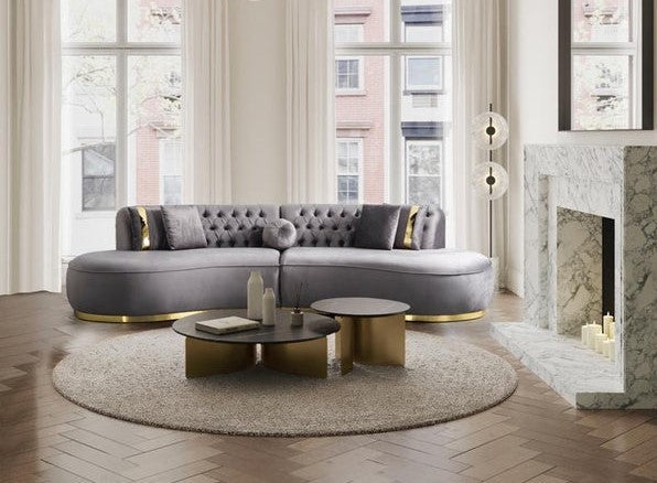 Grey Velvet Sectional Sofa Button Tufted Gold Plinth Base