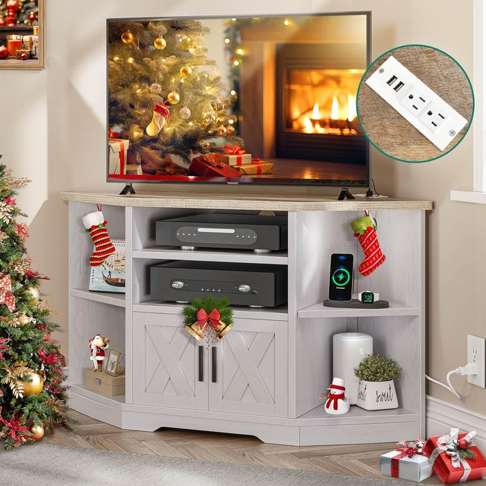 Grey Wash Corner Media Console X-Pattern Doors Power Outlet